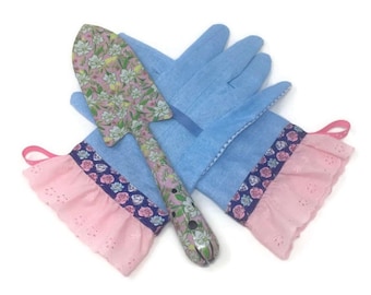 Designer Garden Gloves. Denim Blue Work Gloves with Rose Ribbon and Pink Eyelet Ruffle. Floral Mother's Day Gardener Gift Under 30.