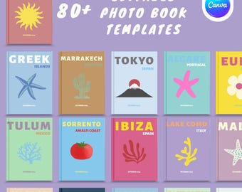 Paquete de 80 plantillas para fotolibros de viajes, portadas para fotolibros de viajes, plantillas editables para portadas de libros de viajes, plantilla de Canva