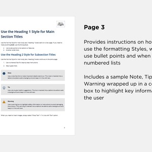 May include: Page 3 of a document with instructions on how to use formatting styles in a document. The document includes a sample Note, Tip, and Warning wrapped up in a colored box to highlight key information to the user.