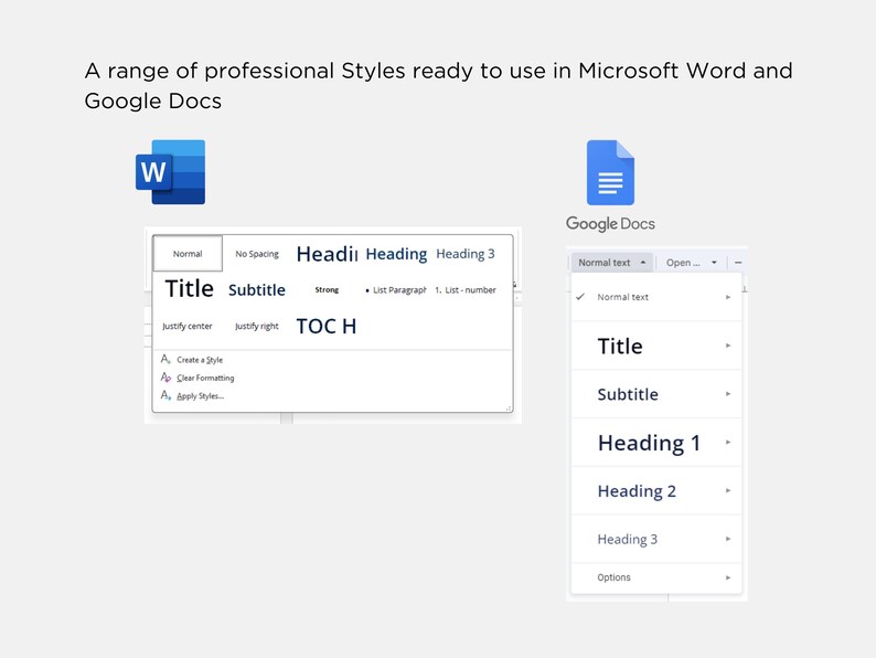 May include: Screenshot showing the formatting options available in Microsoft Word and Google Docs. Both programs offer options for titles, subtitles, headings, and other text styles.