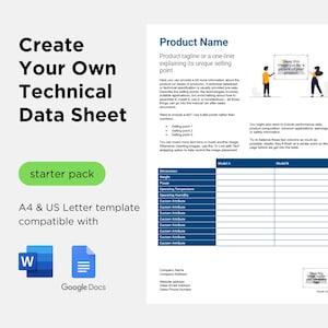 May include: A green button labelled "starter pack" is above a white sheet with the text "Create Your Own Technical Data Sheet" in black. The sheet also includes a table with the headings "Model A" and "Model B" and a section for "Product Name" with the text "Product tagline or a one-liner explaining its unique selling point".