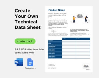 Peut inclure: Un bouton vert intitulé "starter pack" est placé au-dessus d'une feuille blanche avec le texte "Create Your Own Technical Data Sheet" en noir. La feuille comprend également un tableau avec les titres "Model A" et "Model B" et une section pour "Product Name" avec le texte "Product tagline or a one-liner explaining its unique selling point".