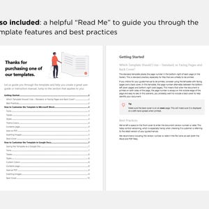 May include: A guide for using a template, with a cartoon illustration of a person holding a document. The guide includes sections on getting started, best practices, how to customize the template in Microsoft Word, and how to customize the template in Google Docs.