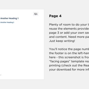 May include: Page 4 of a document with instructions on how to use a template. The text explains that you can reuse elements from page 3 or add your own sections and content. It also mentions that you can add more pages if needed.