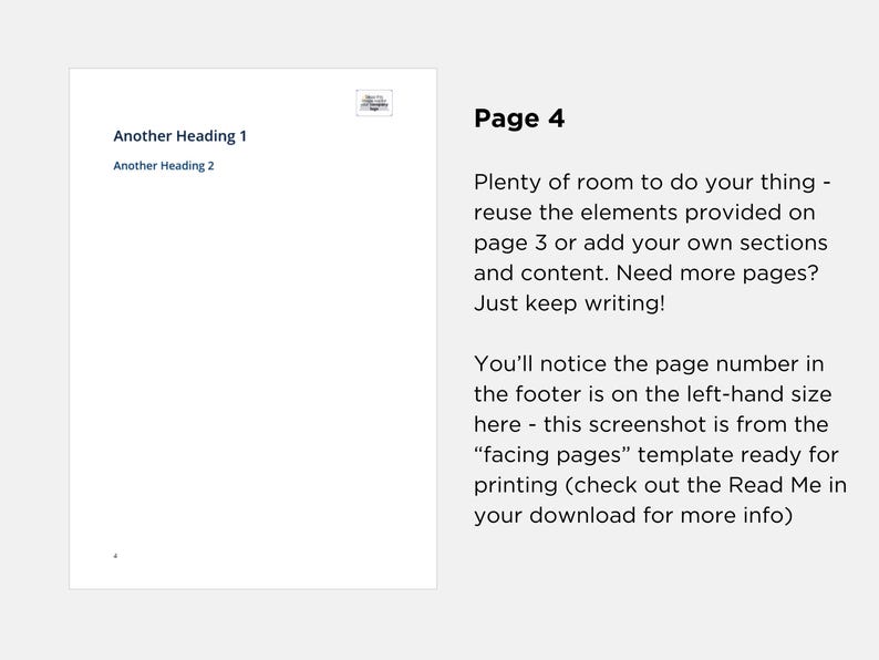 May include: Page 4 of a document with instructions on how to use a template. The text explains that you can reuse elements from page 3 or add your own sections and content. It also mentions that you can add more pages if needed.