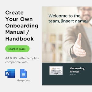 Könnte beinhalten: Bild, das für eine Onboarding-Handbuchvorlage wirbt. Der Text lautet "Erstellen Sie Ihr eigenes Onboarding-Handbuch" mit einer Schaltfläche "Starterpaket". Enthält A4- und US-Letter-Vorlagenkompatibilität mit Word und Google Docs.