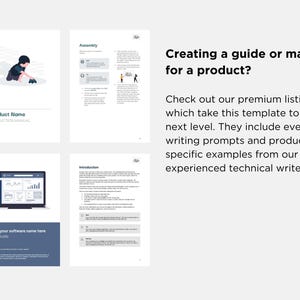May include: A mockup of a product instruction manual with a cartoon illustration of a person assembling a product. The text on the page reads "Product Name Instruction Manual".