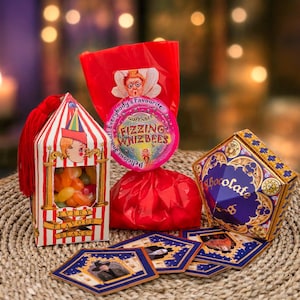 May include: A collection of themed candy items including a red and white striped box labeled Every Flavour Beans, a red bag labeled Fizzing Whizbees, a purple and gold pentagonal chocolate box, and several square cards featuring character portraits.