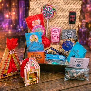 Pode incluir: Uma coleção de doces e guloseimas em embalagens coloridas, incluindo uma caixa em forma de pirâmide, um recipiente listrado com jujubas, um pirulito e um saco rotulado como Cockroach Clusters, tudo disposto dentro de uma caixa aberta.