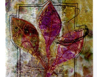 Original Collage, 5x7", 10x12" matted (acid free white mat), Leaf motif, Machine Stitched, Hand Painted Paper