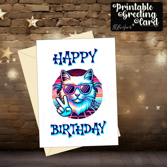 Happy Birthday Peace Cat Printable Card
