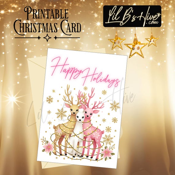 Whimsical Pink Reindeer Happy Holidays Printable Christmas Card