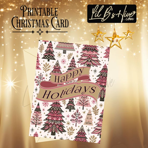 Whimsical Pinks Happy Holidays Printable Christmas Card