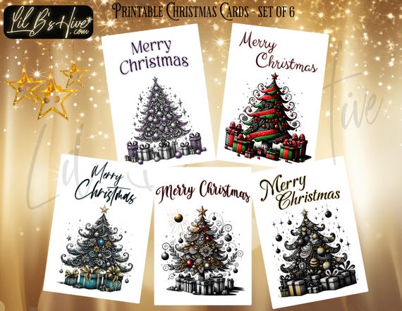 Set of 5 Whimsical Christmas Tree Printable Cards