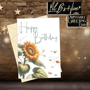 Cartão de aniversário de girassol de outono para impressão, cartão de outono, download instantâneo, cartão para mãe, filha, irmã, aniversário sazonal