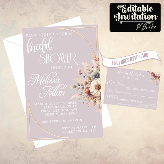 Dusty Rose Boho Floral Bridal Shower Invitation & Bonus RSVP Card Editable Template