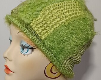 Handknit Patchwork Hat for women/teens  Top Knot  Eyelash  Mohair
