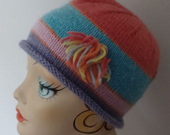 Hand Knit Tasseled Wool Hat for Women and Teens  Roll Brim