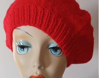 Handknit Red Tam Hat - Size Large