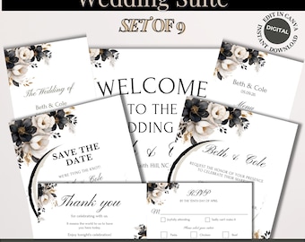 Gothic Wedding Suite Digital Download Customizable Invitations Templates Black Cream DIY Printable Wedding Stationery Suite Invites