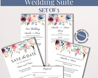 Blush Wedding Invitation Template Download Digital Stationery Suite Collection Set Canva Customizable Design Romantic Ceremony Printable Kit