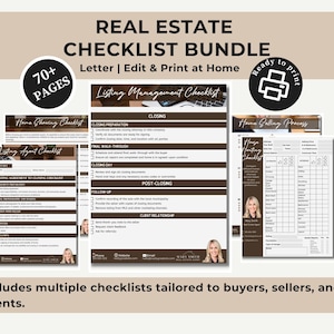 May include: Real estate checklist bundle with over 70 pages, ready to print. Includes checklists for home showing, listing management, and closing. Tailored for buyers, sellers, and agents. The bundle is designed to be edited and printed at home.