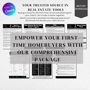May include: A collage of black and white images showing real estate forms and documents. The text "EMPOWER YOUR FIRST TIME HOMEBUYERS WITH OUR COMPREHENSIVE PACKAGE" is in large, bold letters.