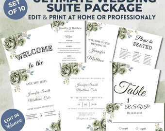 Sage Green Wedding Suite Editable Wedding Templates DIY Wedding Invitation Set Printable Wedding Stationery Canva Wedding Package