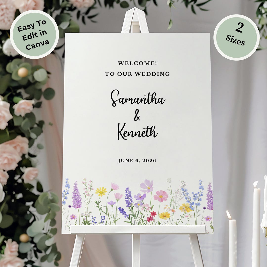 Editable Wedding Welcome Sign Canva Template Floral Design Digital ...