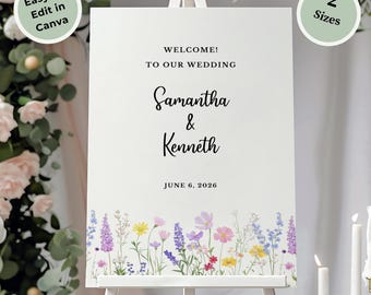 Editable Wedding Welcome Sign Canva Template Floral Design Digital Download Customizable Wedding Sign Printable Wedding Decor