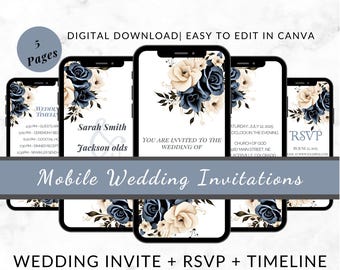 Navy Wedding Invitations Digital Wedding Invitation Template Canva Wedding Suite Elegant Navy Blue Wedding Invite with RSVP