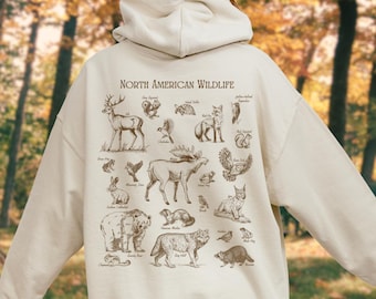 Forest Animal Vintage Hoodie | Gift For Hiker, Camping, Wildlife, Nature Lover | Forestcore Deer Bear Wolf Fox Pullover | Cottagecore Look