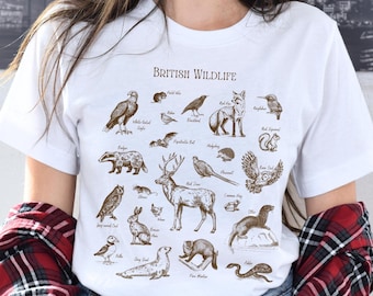 Unisex British Wildlife T-Shirt | Cute Vintage Aesthetic Animal Drawings Graphic Tee Shirt | Cottagecore Camper, Hiker or Nature Lover Gift