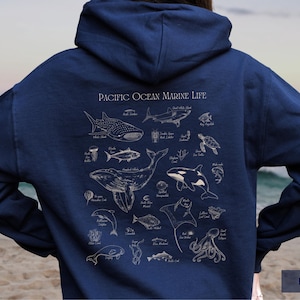Sudadera vintage con capucha y estampado de vida marina / Sudadera de conservación oceánica / Regalo unisex estilo oceánico para amantes de los animales, la vida marina o la naturaleza