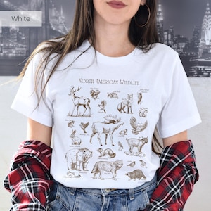 ユニセックス 森の動物 ビンテージ スタイル T シャツ | 自然愛好家へのコテージコア ギフト | フォレストコア シャツ | 鹿 ヘラジカ オオカミ クマ キツネ フクロウ 鳥 カエル
