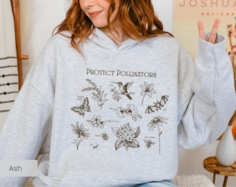 Protect Pollinators Hoodie | Vintage Aesthetic Sweatshirt With Bird, Bee, Butterfly, and Flowers For Nature Lovers
