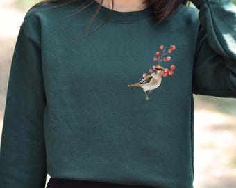 Suéter minimalista de cuello redondo con diseño de pájaros / Sudadera de estilo cottagecore para observación de aves / Regalo para observadores de aves, senderistas y amantes de la naturaleza / Suéter con estética forestcore
