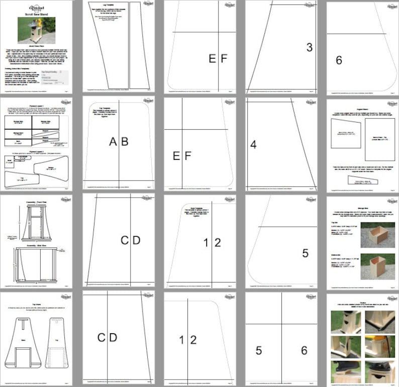 May include: A collection of detailed woodworking plans for a scroll saw stand. The plans include diagrams, measurements, and assembly instructions. The pages are printed in black and white and feature various views and dimensions.
