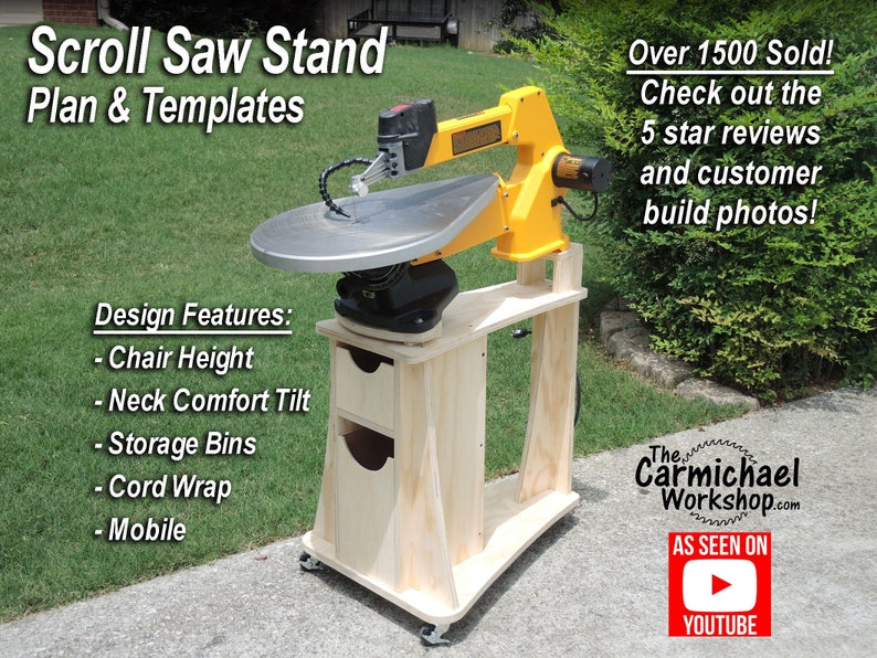 May include: A scroll saw mounted on a custom-built wooden stand. The stand features storage bins, a cord wrap, and is mobile. Text on the image reads "Scroll Saw Stand Plan & Templates" and "Over 1500 Sold!"