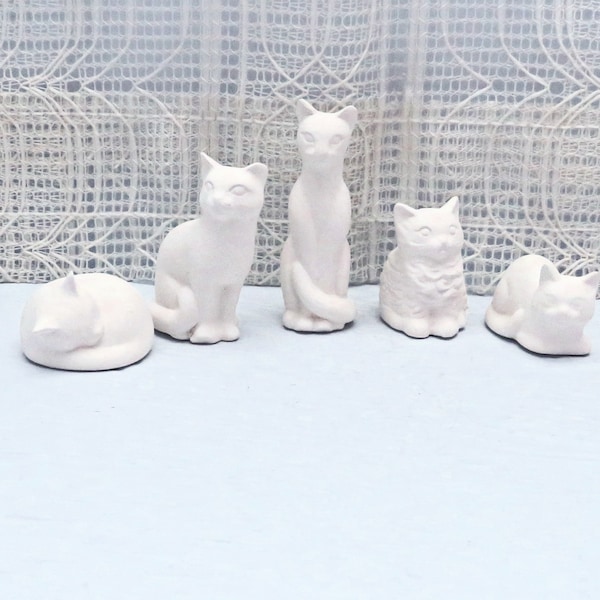 Handmade Ready to Paint Miniature Ceramic Cat Figurines, Set of 5 Small Cat Statues, Paint it Yourself Cats, Ceramics, to Paint, Cat Lover