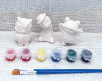 Unpainted Ceramic Owl, Turtle, Frog Figurines Paints & Brushes, Ready to Paint Ceramic Craft Set, Handmade Paintable Ceramics, Gift for Kids