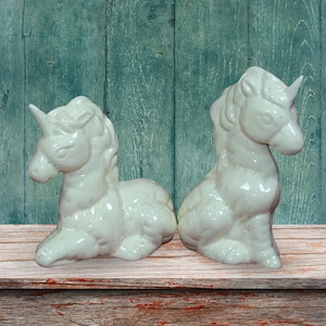 Handmade Ecru Ceramic Unicorn Figurines, Glazed Unicorn Statues For Fantasy Lovers, Set of 2