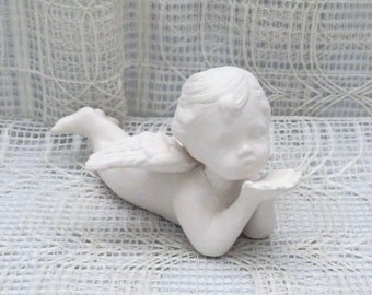 Paintable Ceramic Cherub on Tummy Blowing Kiss, Handmade Ready to Paint Ceramic Angel for You to Paint, Paint it Yourself, Unpainted Cherub