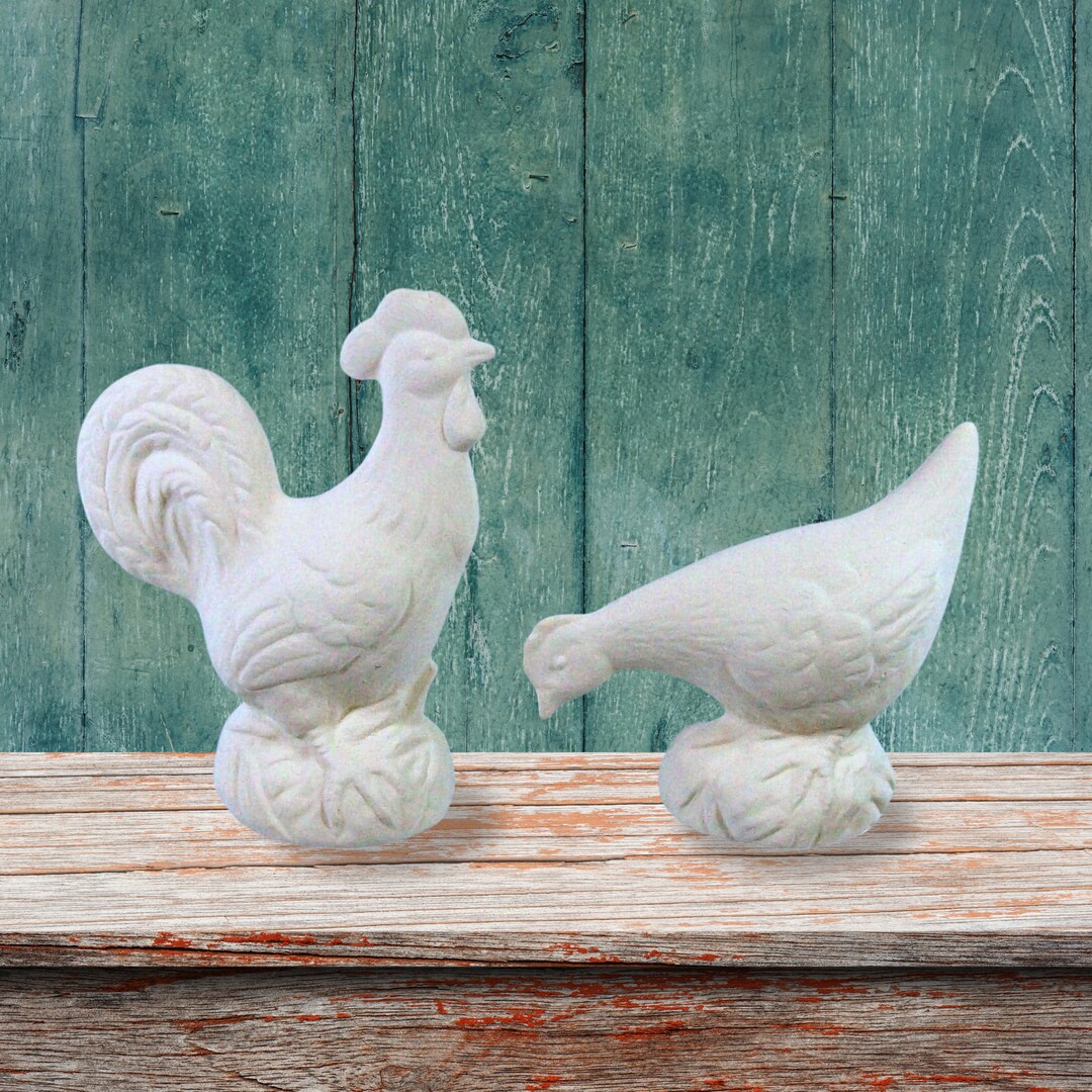 Unpainted Ceramic Rooster and Chicken Figurines, Farmhouse Decor