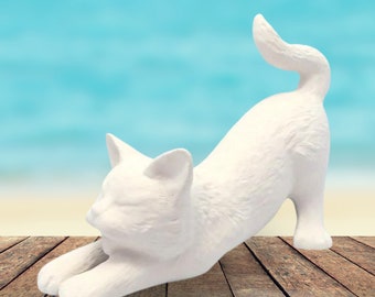 Ready to Paint Ceramic Cat Figurine, Paint it Yourself Stretching Cat Statue, Unpainted Bisqueware, Paintable Ceramic Cat Decor, Cat Lover