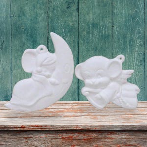 Handmade Ready to Paint Ceramic Christmas Tree Ornaments,  Mouse on Moon, Mouse Playing Harp, Paintable Ceramic Holiday Decor, Paint Project