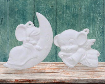 Handmade Ready to Paint Ceramic Christmas Tree Ornaments,  Mouse on Moon, Mouse Playing Harp, Paintable Ceramic Holiday Decor, Paint Project