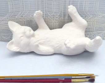 Handmade Ready to Paint Ceramic Cat Figurine on Back, Unpainted Ceramic Cat Statue, Paintable Cat Decor, Cat Lover Gift, Ceramics to Paint