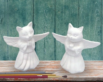 Ready To Paint Ceramic Cat Angel Figurines, Handmade Angel Cat Statues, Paint It Yourself, Unpainted Cat Memorial, Gift for Cat Mom