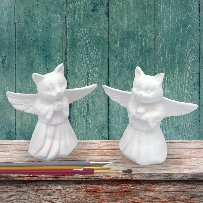 Ready To Paint Ceramic Cat Angel Figurines, Handmade Angel Cat Statues, Paint It Yourself, Unpainted Cat Memorial, Gift for Cat Mom image 1